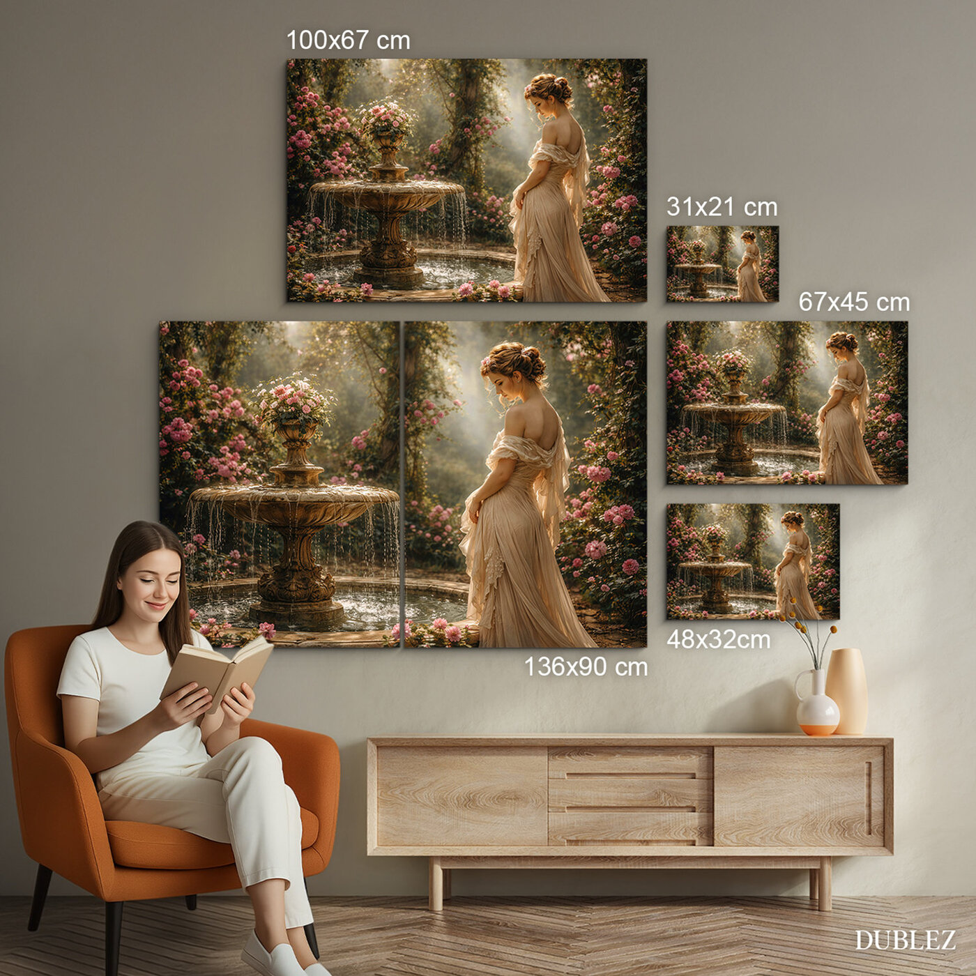 Vintage painting for the bedroom - Lady by the fountain | 136x90 cm