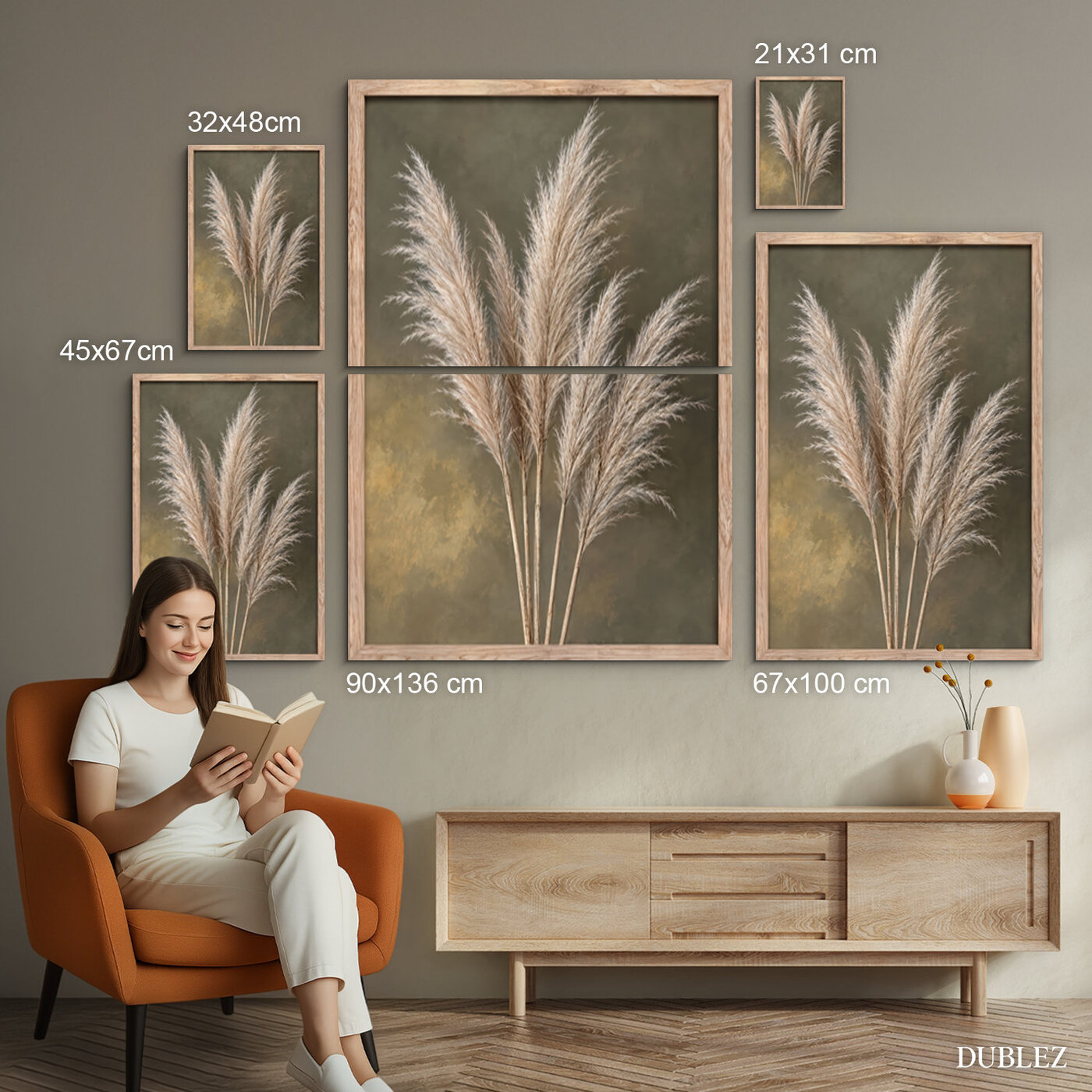 Drevený boho obraz - Pampová tráva | 90x136 cm