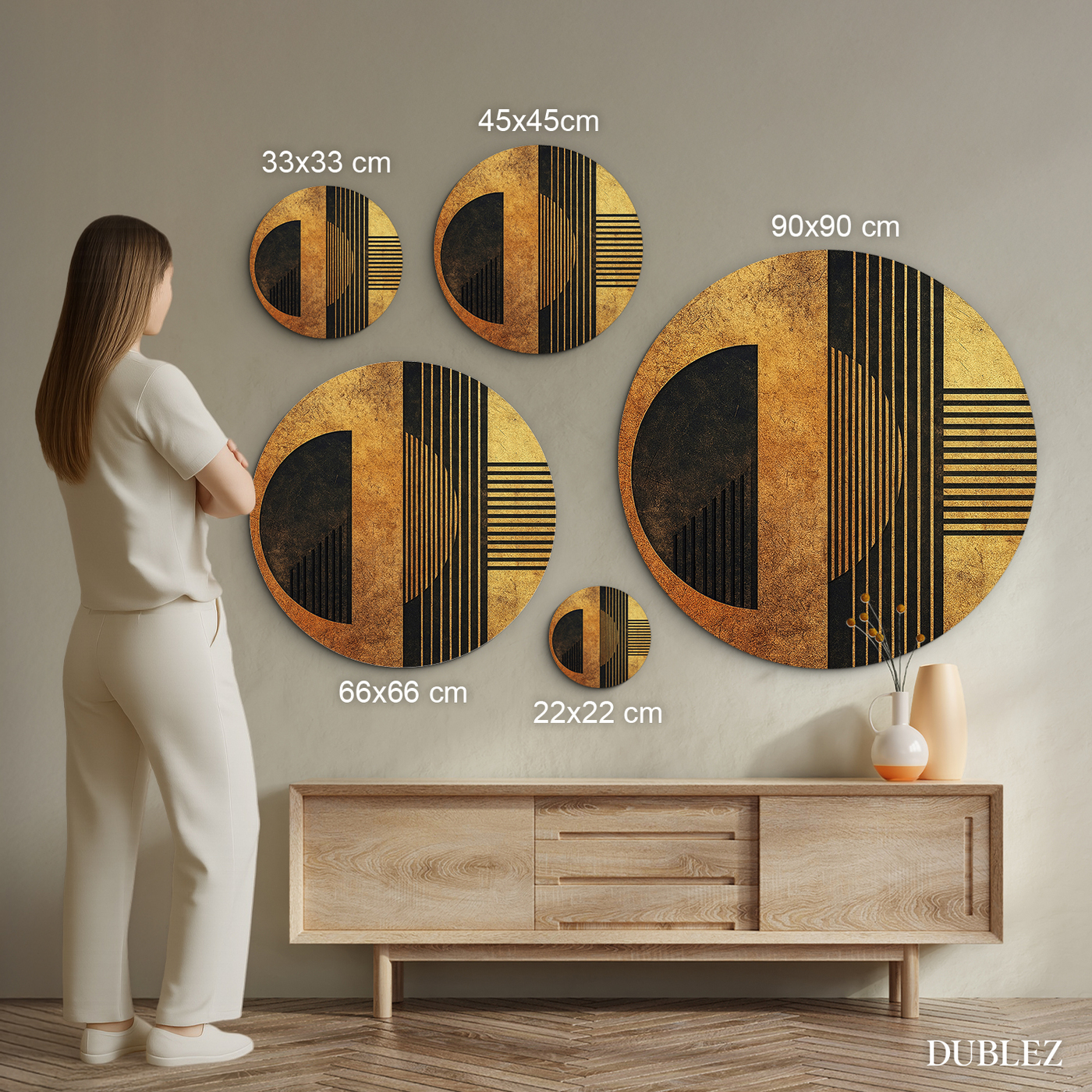 Wooden round picture - Golden geometry