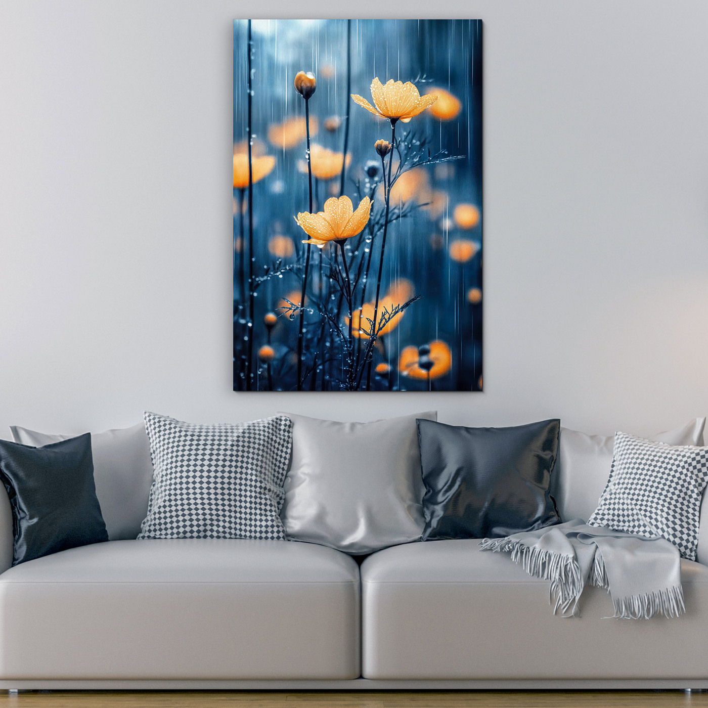 Dřevěný obraz - Žluté květy v dešti