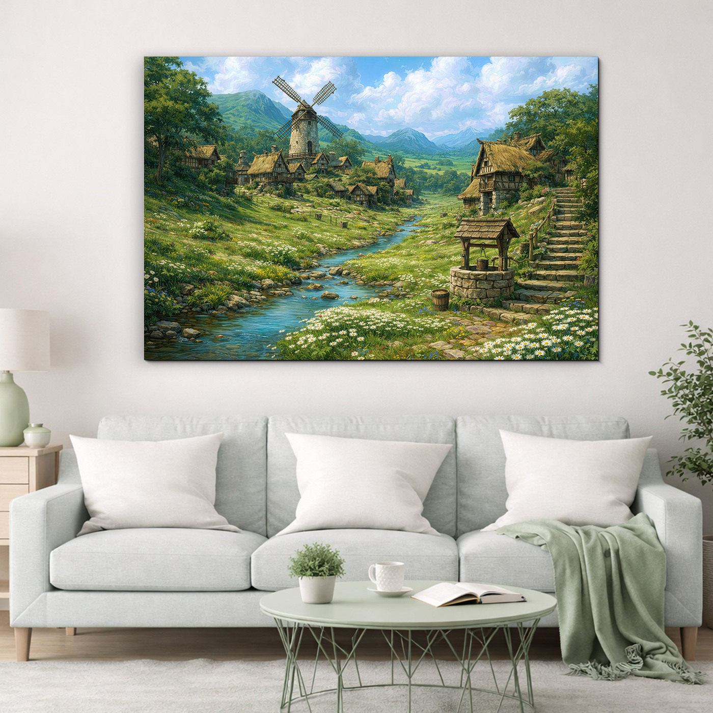 Dřevěný obraz krajinky - Vesnice s mlýnem