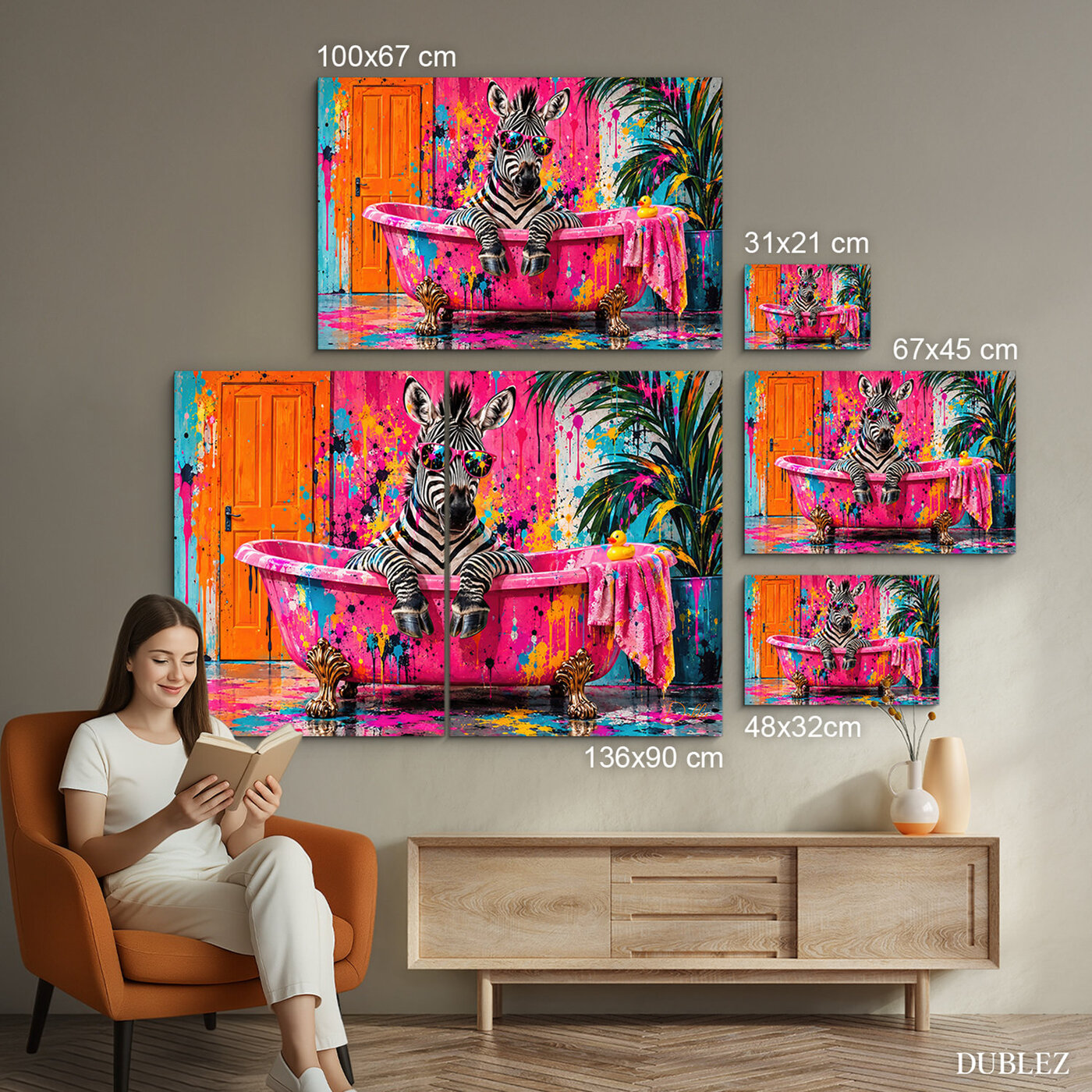 Farebný street art obraz - Zebra vo vani | 136x90 cm
