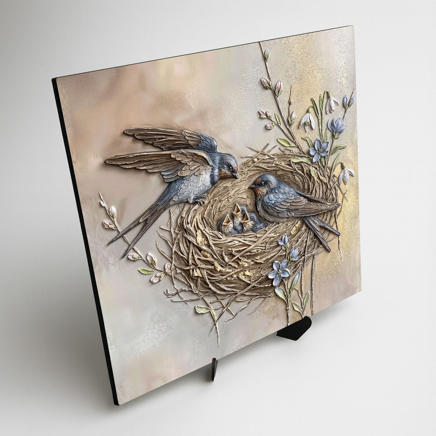 Fából készült falikép - Madarak a fészekben