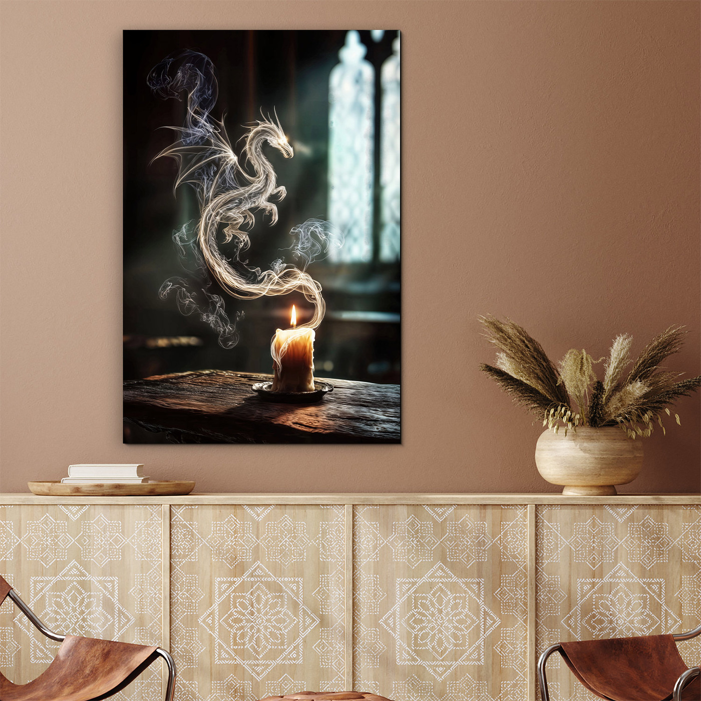 Drevený fantasy obraz - Mystický drak z dymu