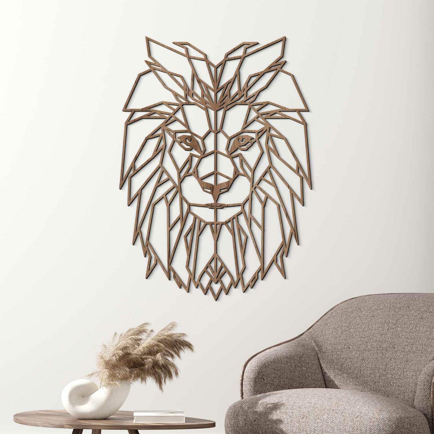 Polygonal Lion Wall Art | Tobacco Oak