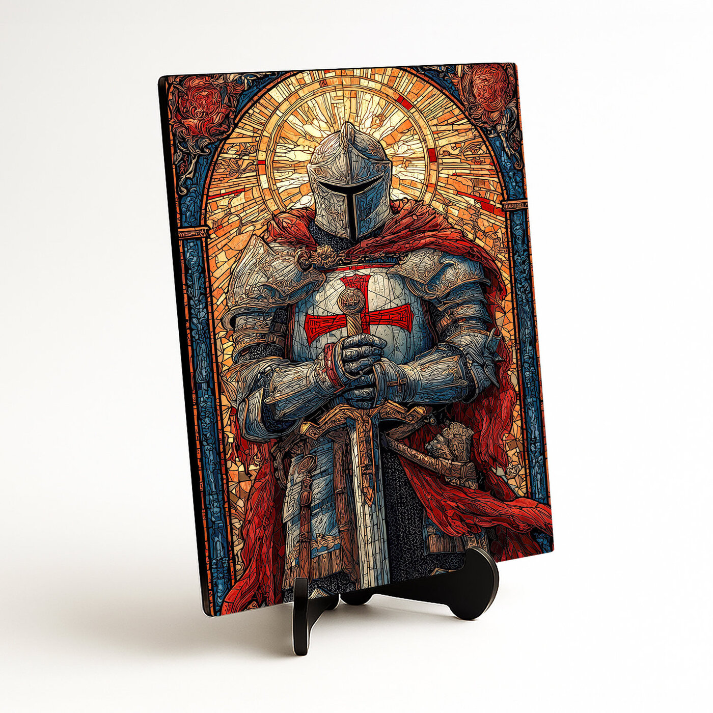 Drevený obraz - Rytier Templár vo vitrážovom štýle