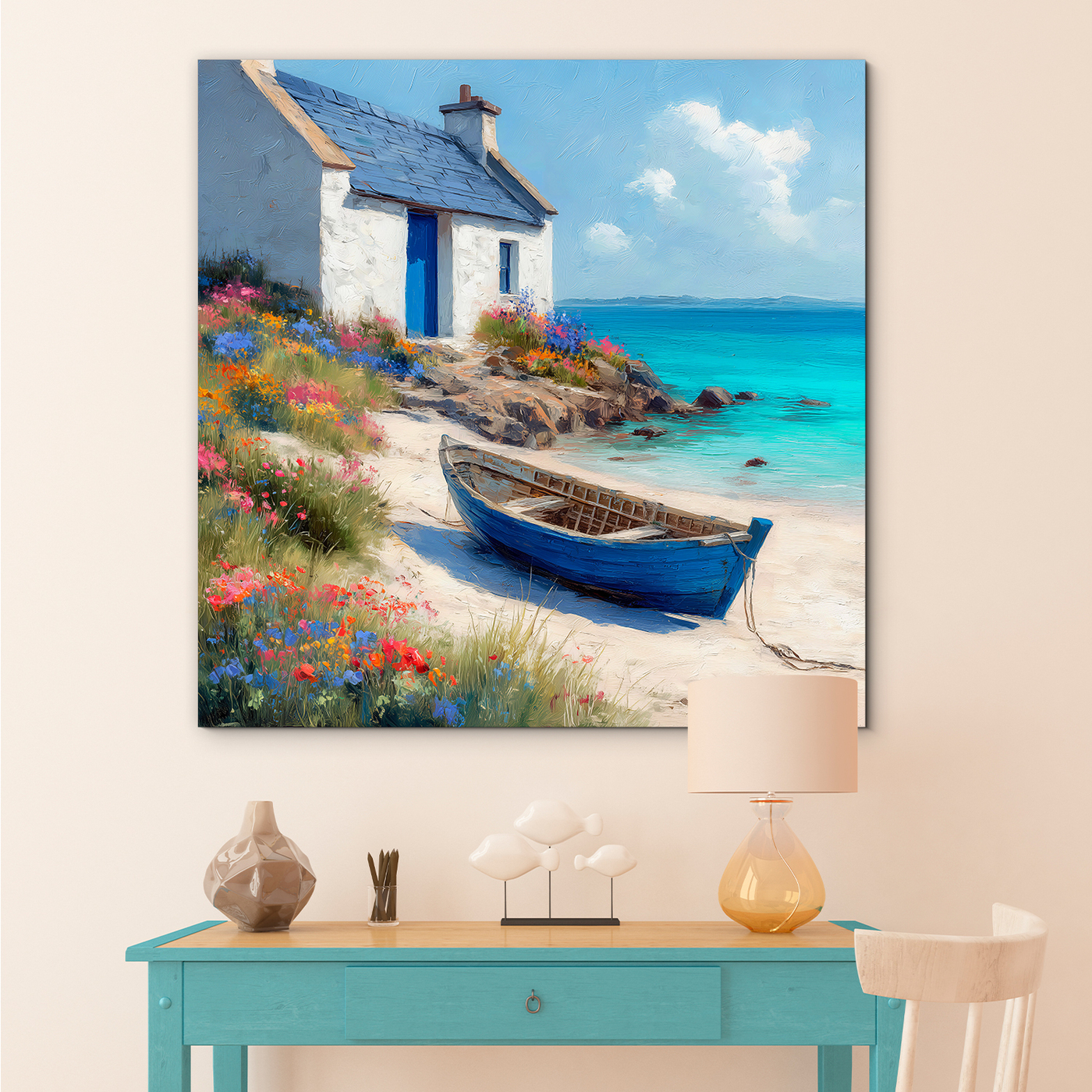 Blue painting on wood - Boat on the beach