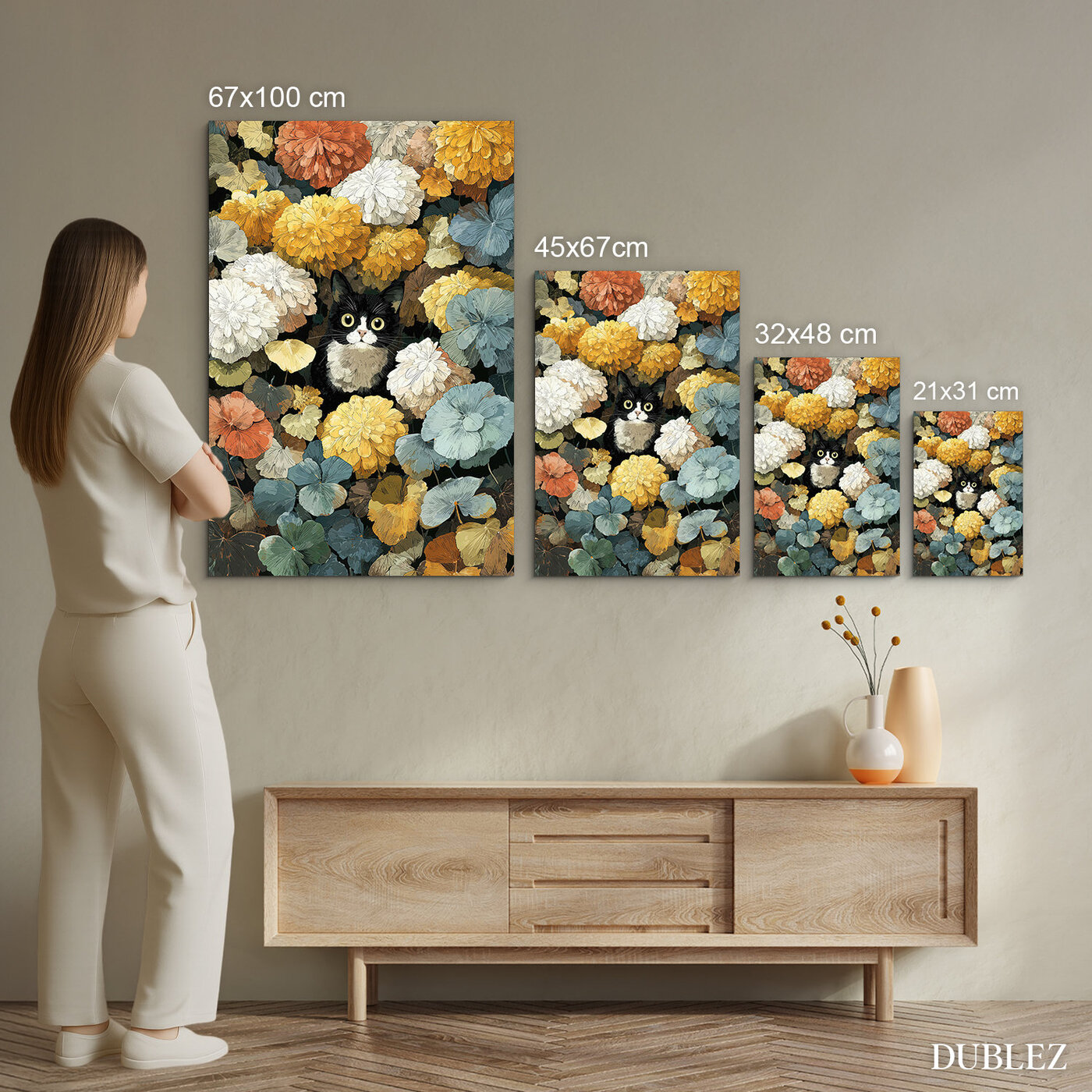 Pestrofarebný obraz - Mačka v kvetoch