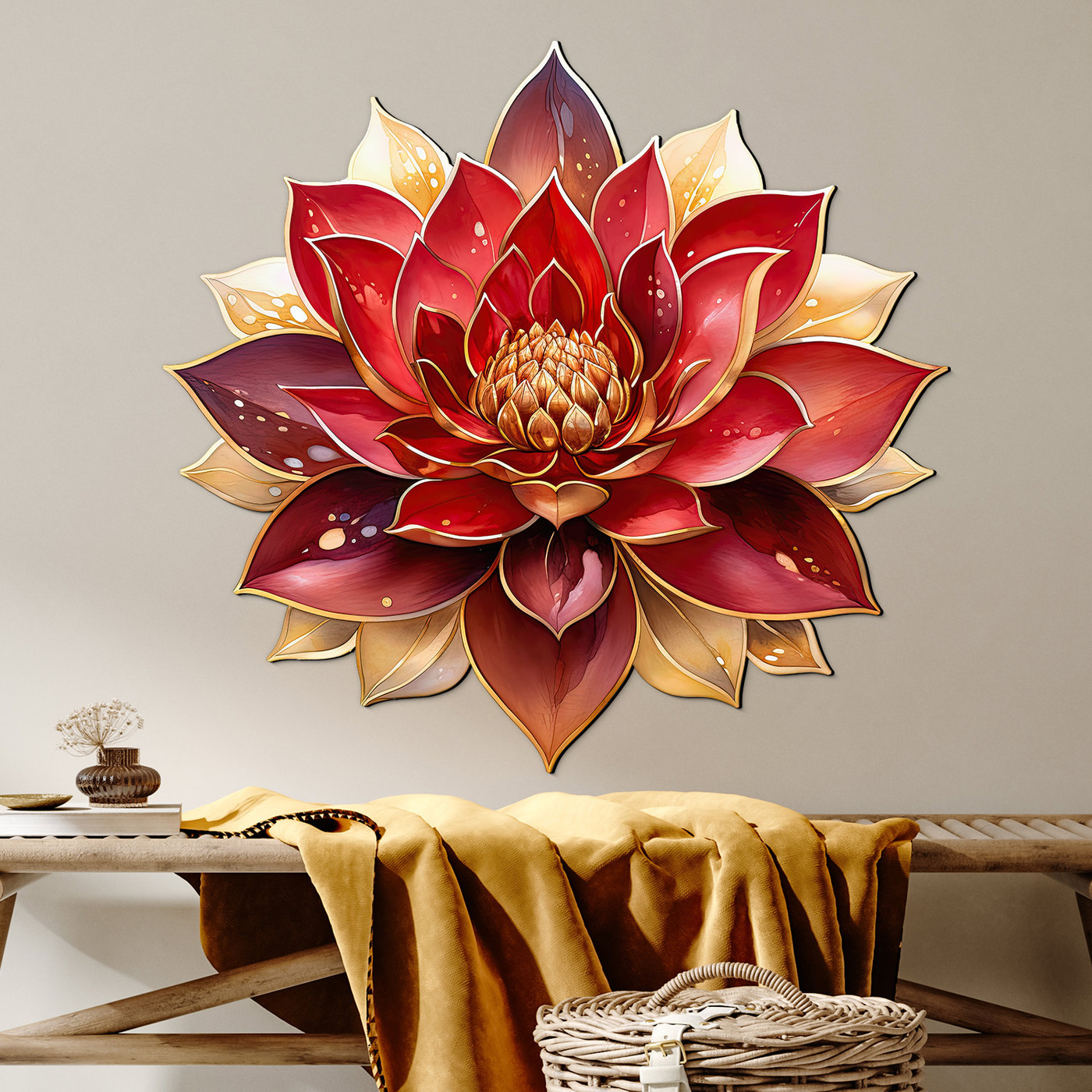 Oriental painting on wood - Lotus in red