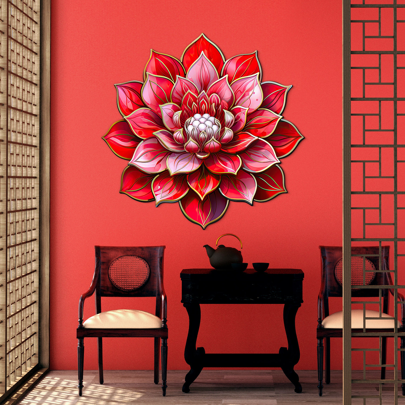 Floral decoration on wood - Red lotus