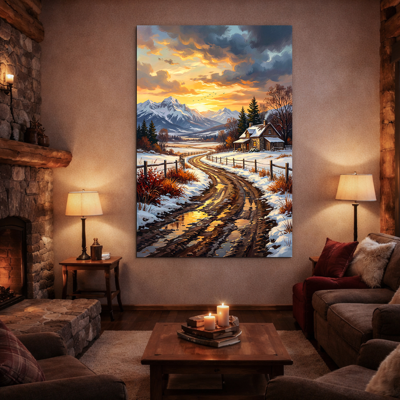 Drevený obraz - Horská chata v snehu