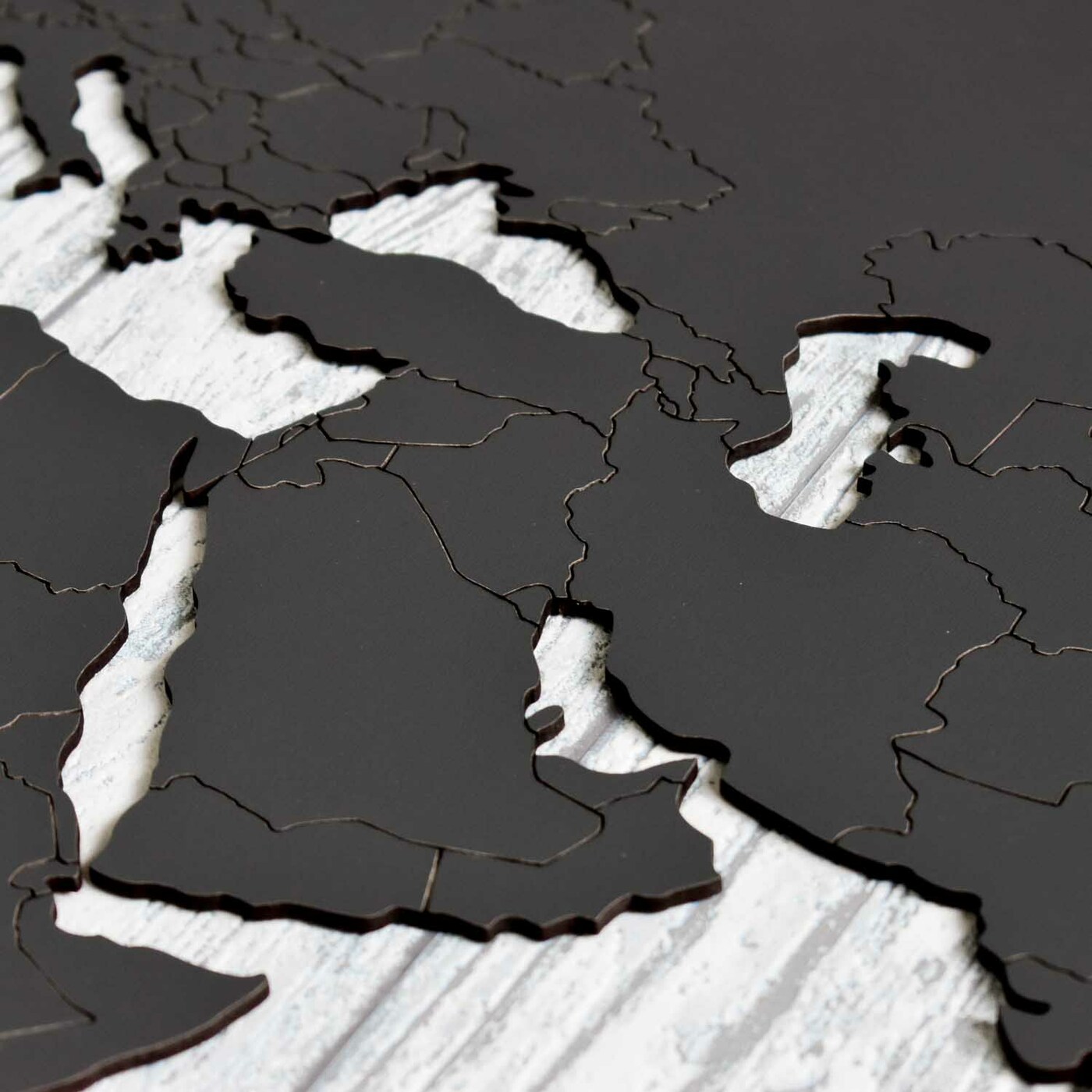 Wooden 3D World Map with Marked State Borders | Anthracite Gray