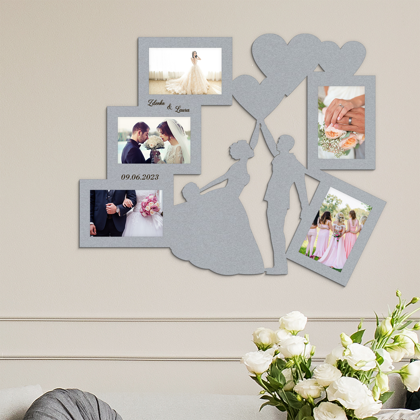 Wedding Photo Frame with Names and Date | Silver