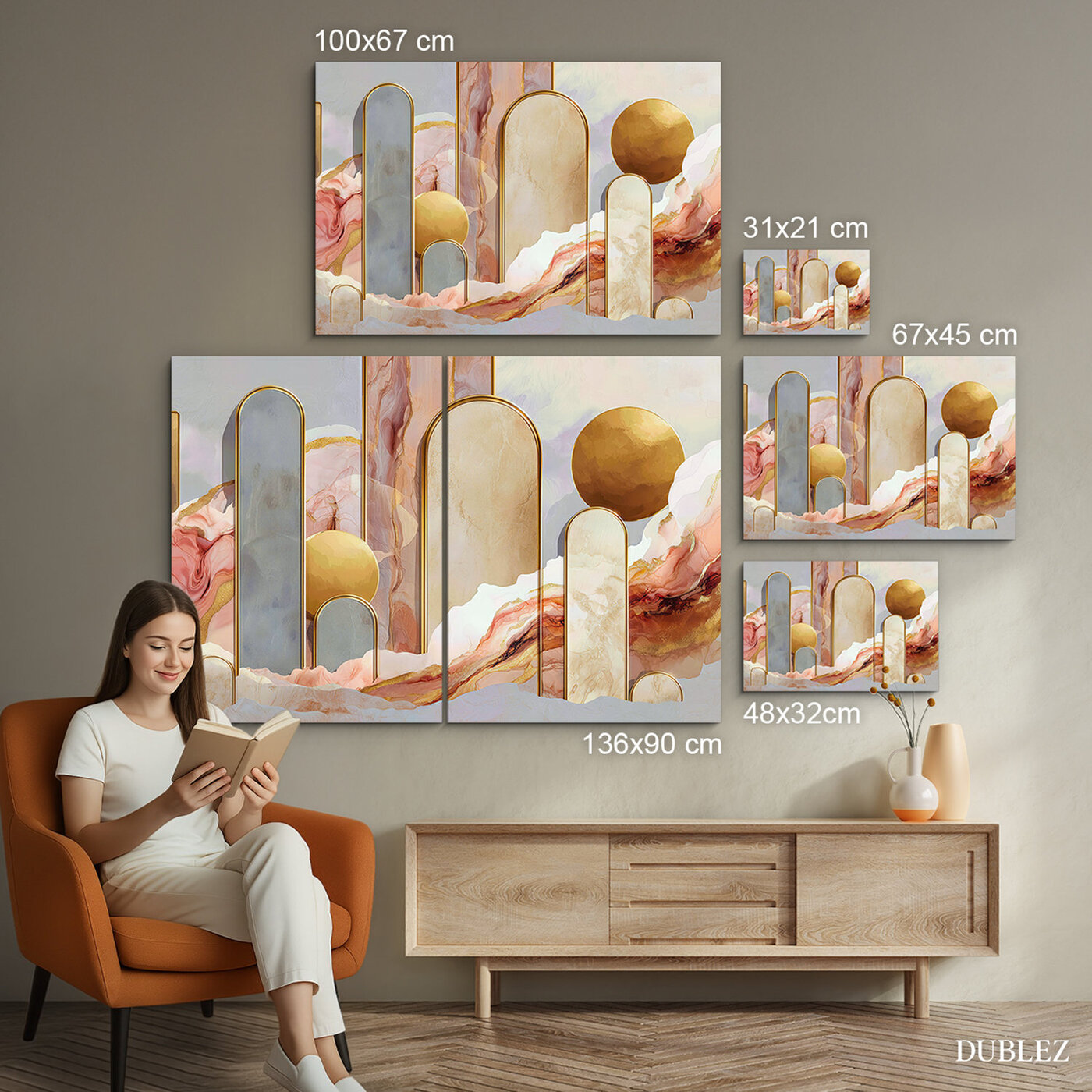 Pastelový abstraktný obraz - Zlaté oblúky | 136x90 cm