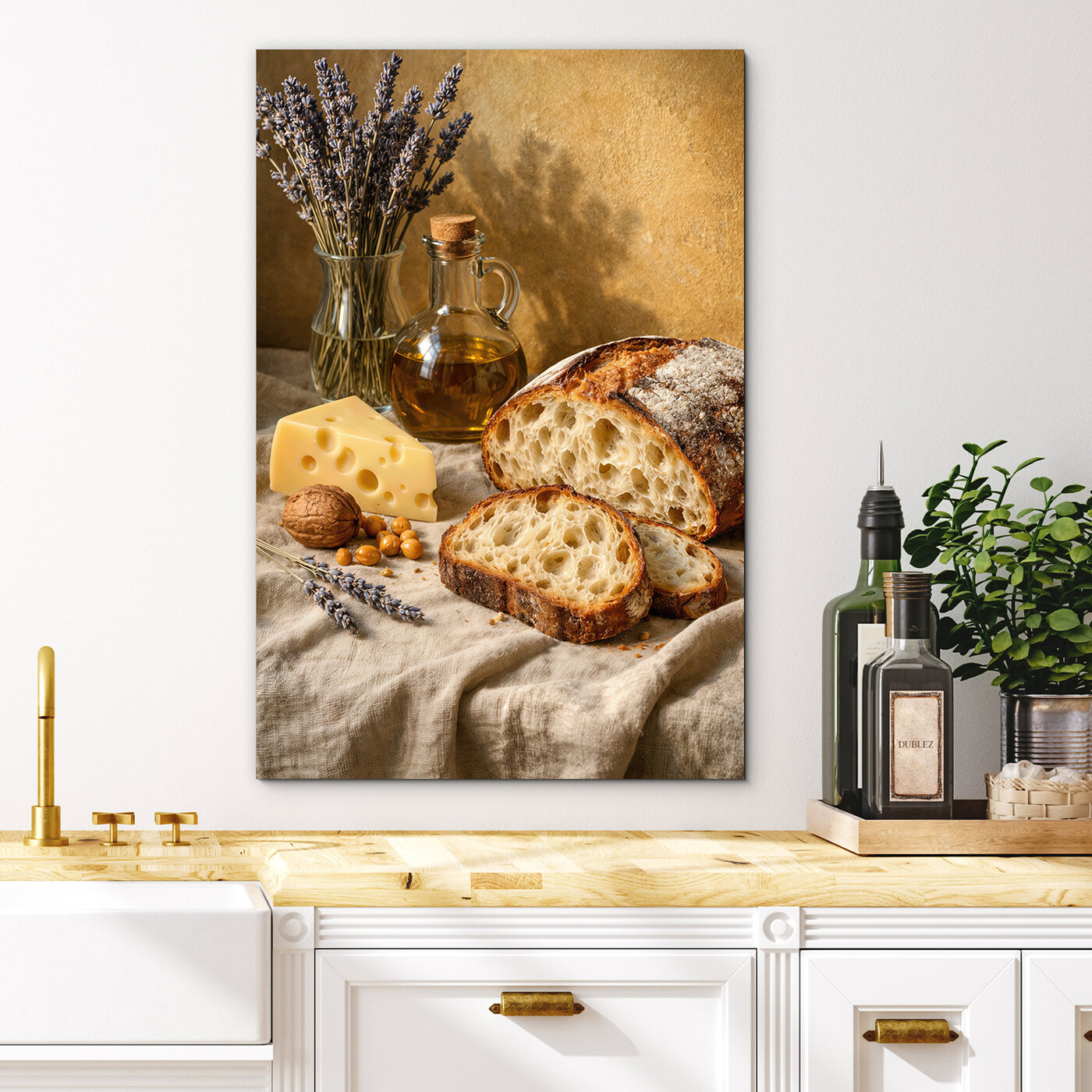 Vintage obraz do jedálne - Chlieb, syr a levanduľa