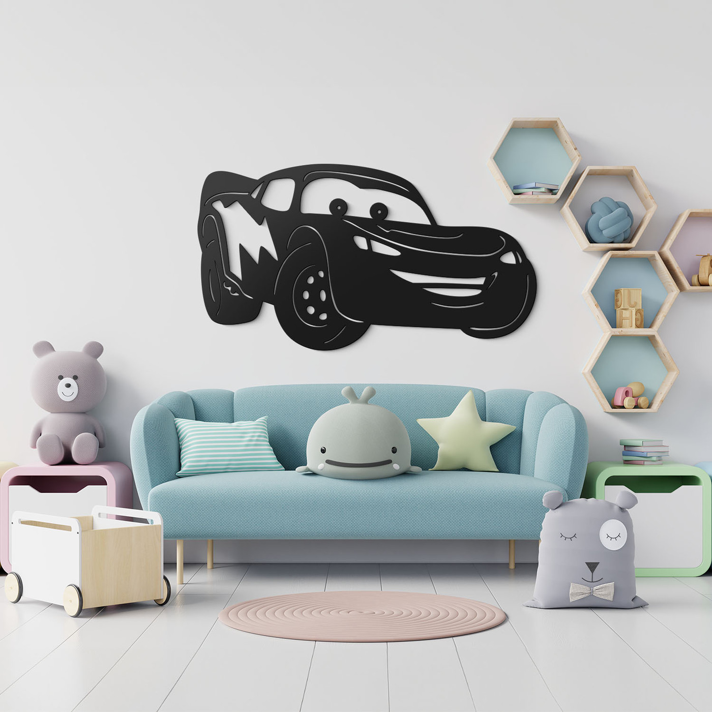 Wooden Wall Art for Children&#039;s Room - Lightning McQueen, Cars | Black