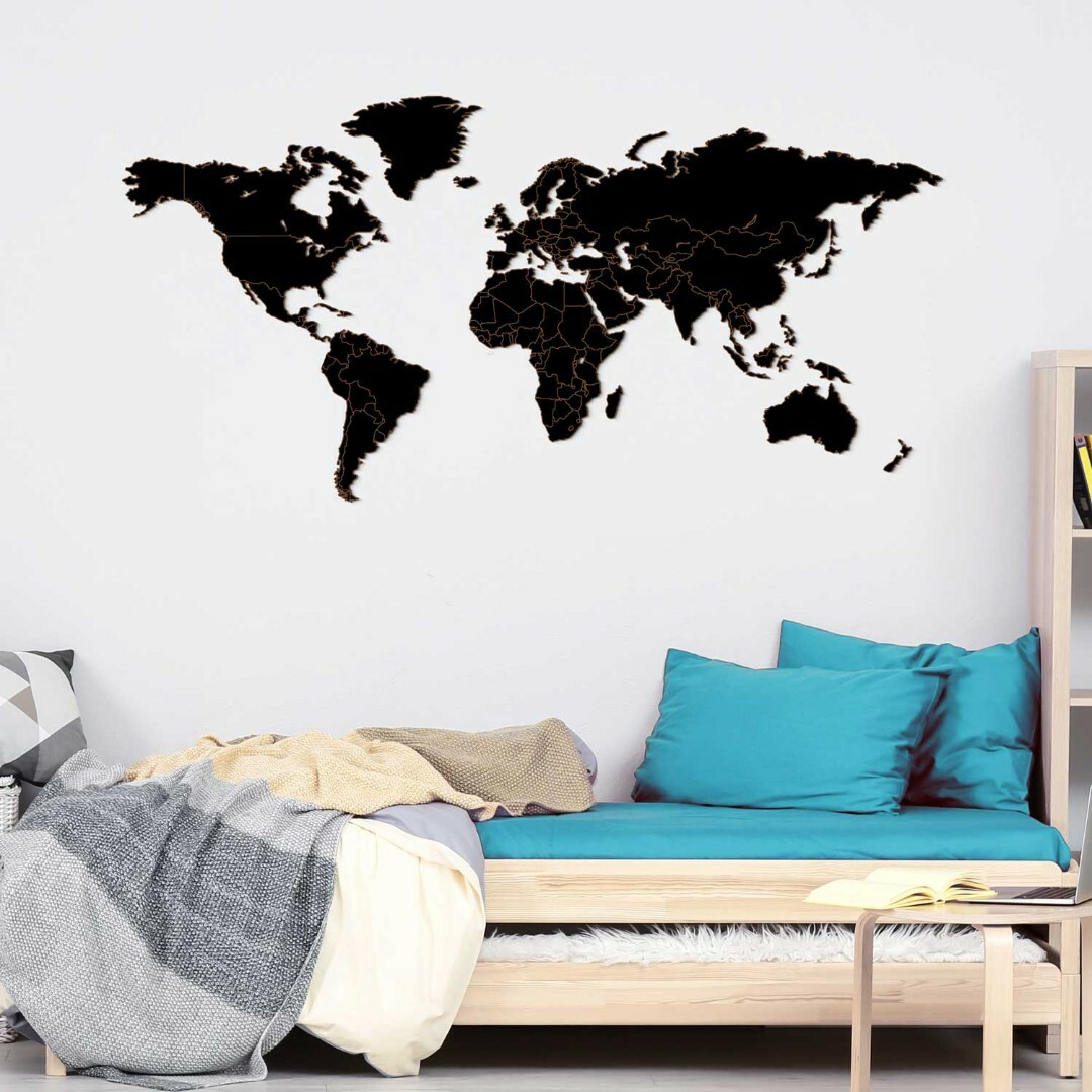 Wooden 3D World Map with Marked State Borders | Black