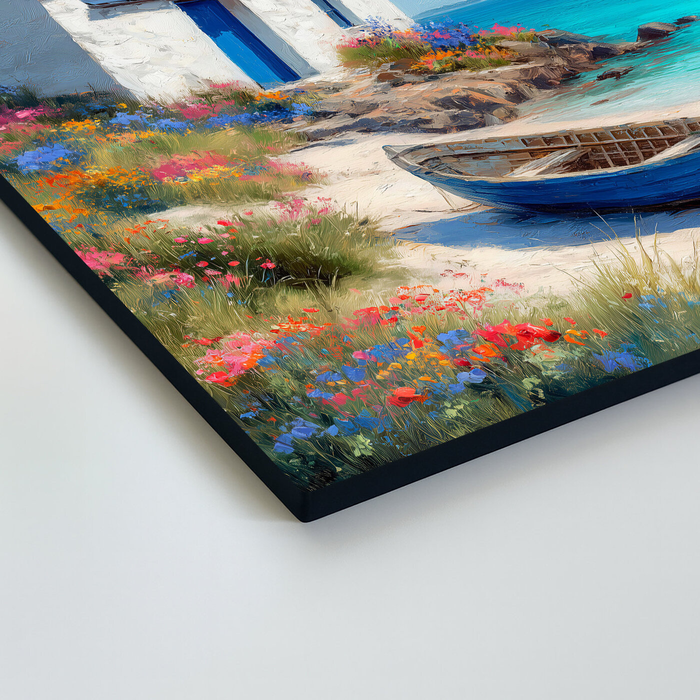 Blue painting on wood - Boat on the beach