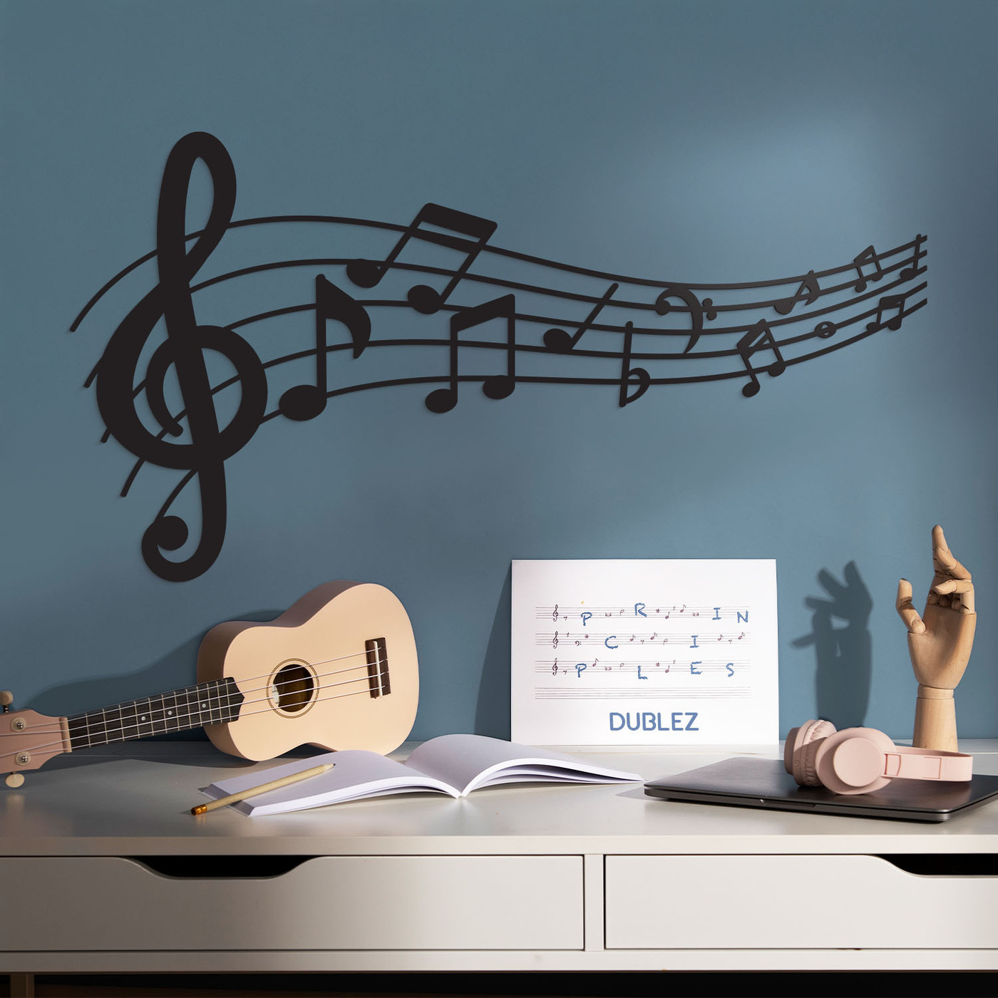 Drevený obraz - Husľový kľúč a noty | Čierna