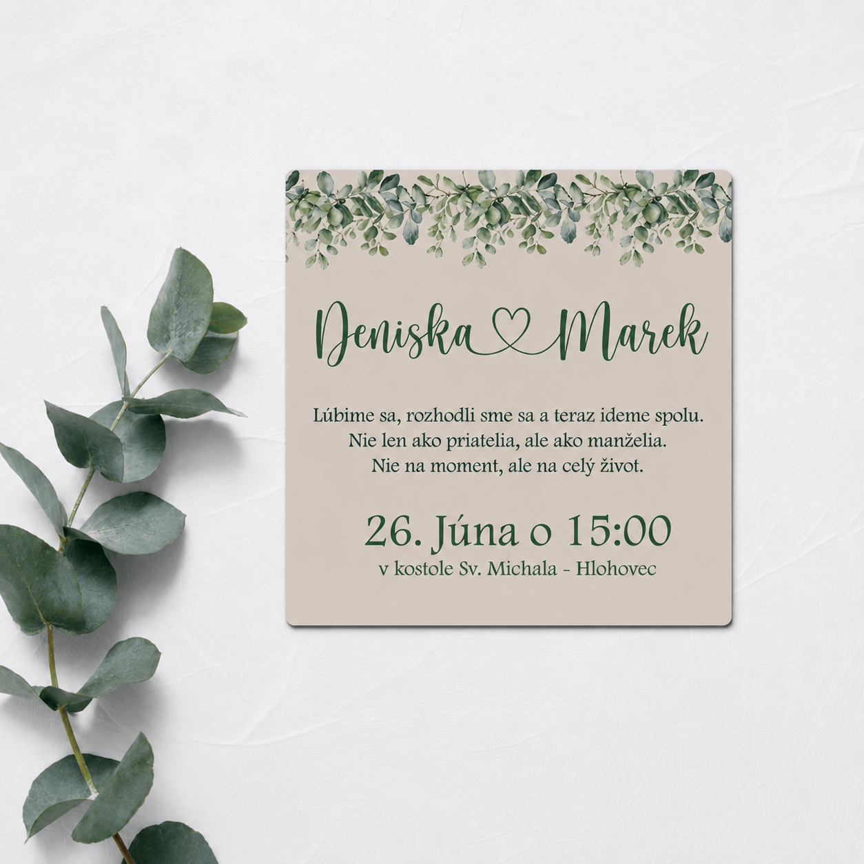 Farebné oznámenie na svadbu - Eukalyptus | Kašmír