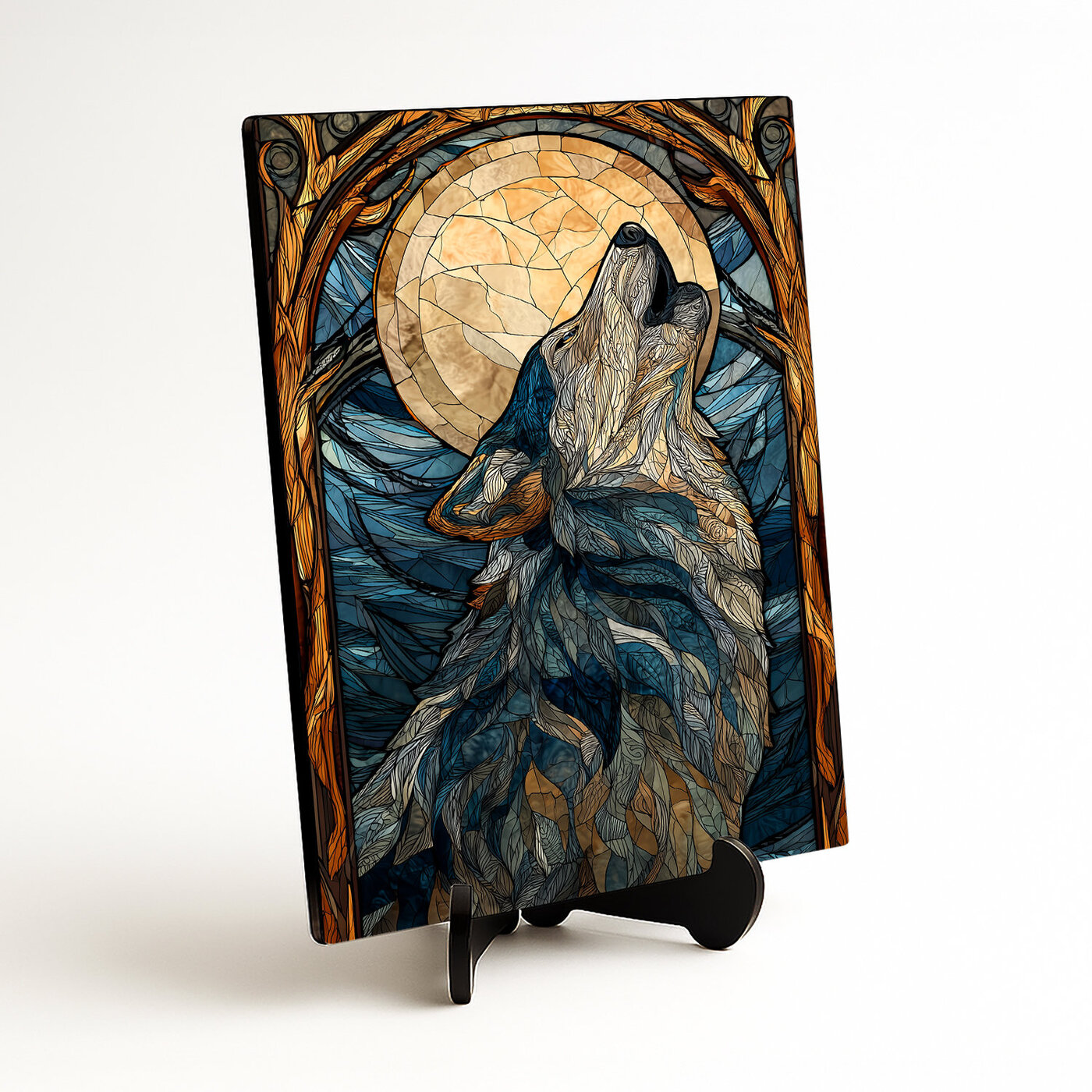 Drevený obraz - Vlk v štýle vitráže