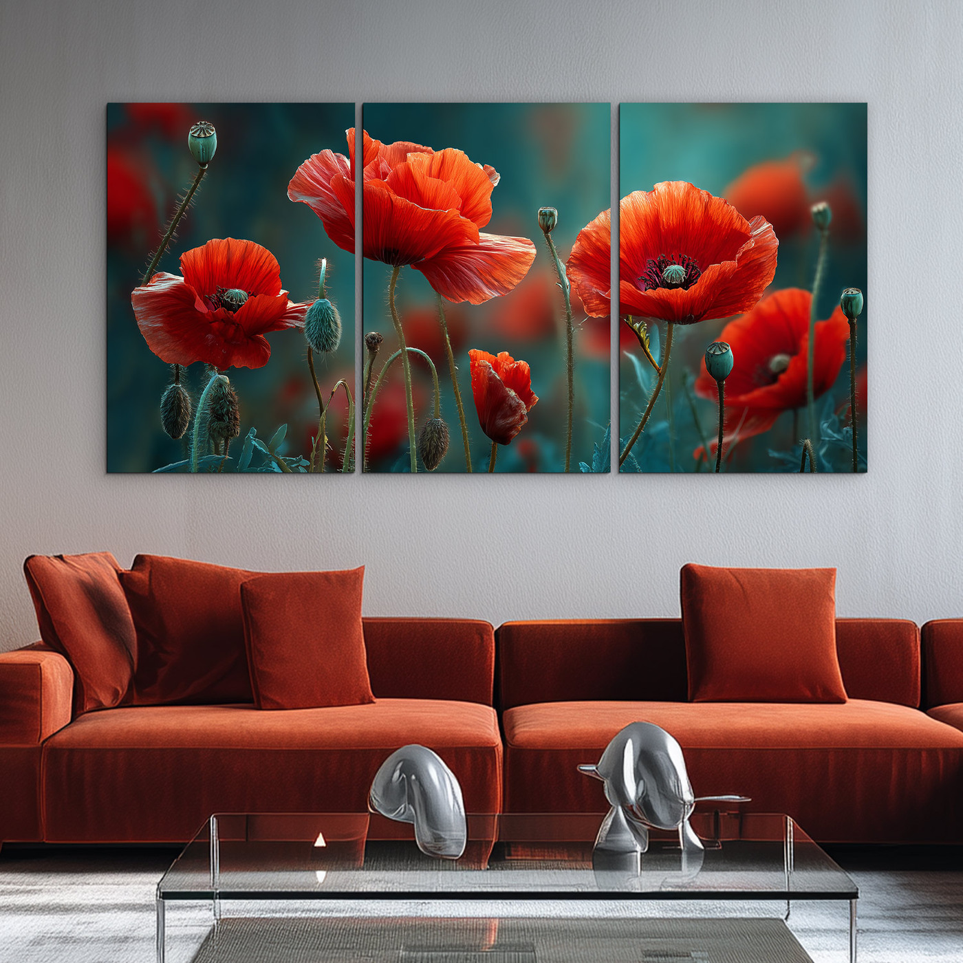 Three-piece wooden painting - Poppies