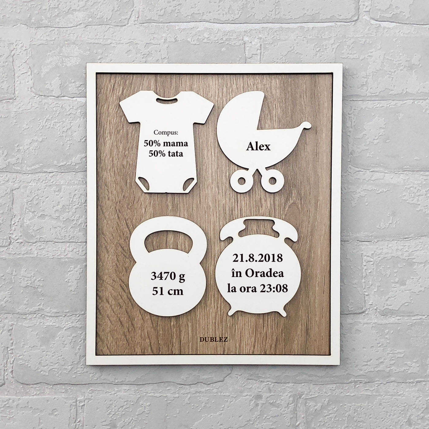 Tăbliță din lemn pentru nou-născut  | Alb / Stejar Sonoma