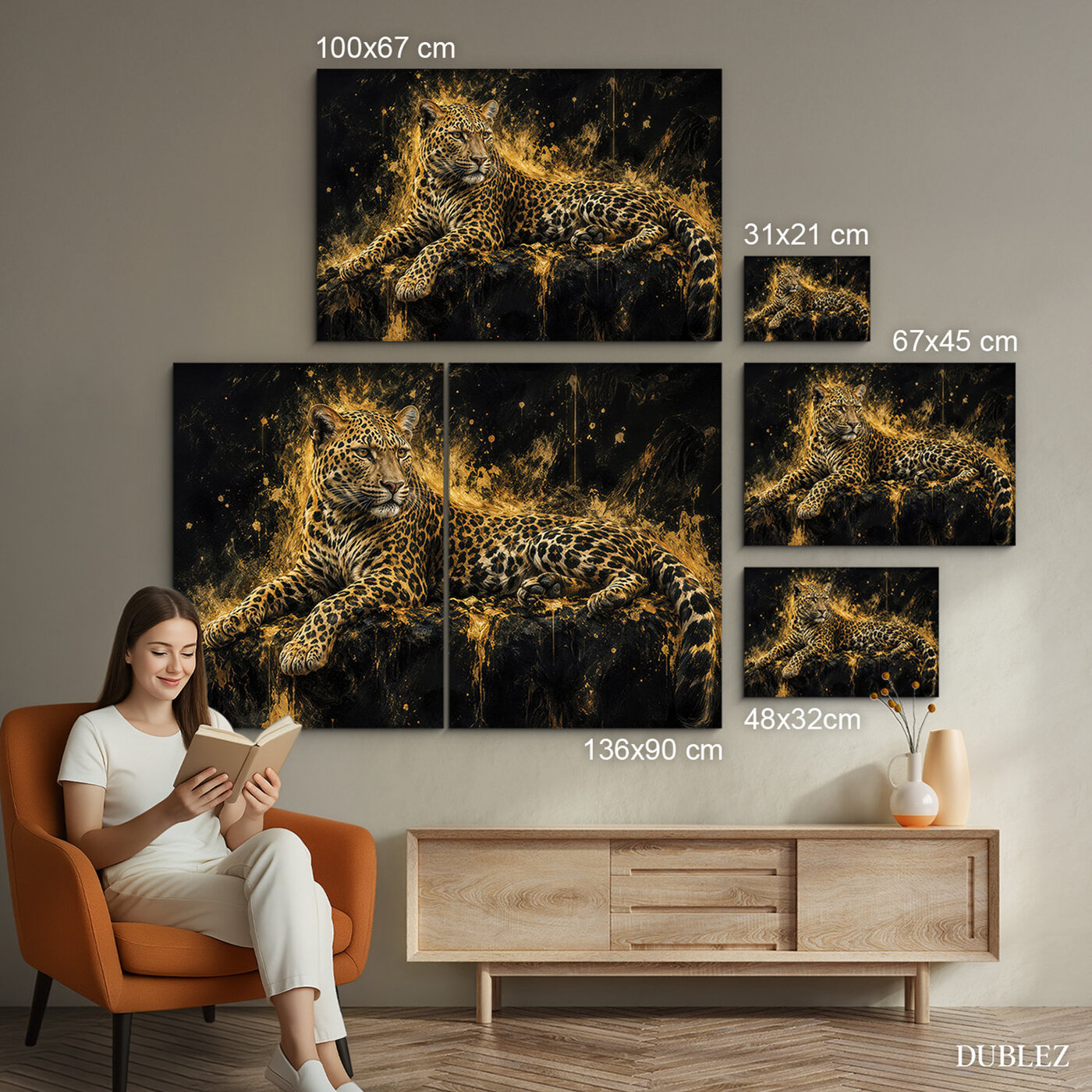 Čierno-zlatý obraz na dreve - Leopard | 136x90 cm