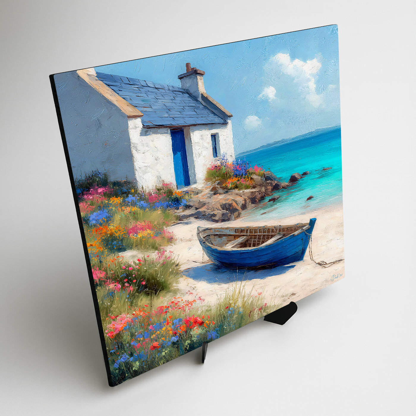 Blue painting on wood - Boat on the beach