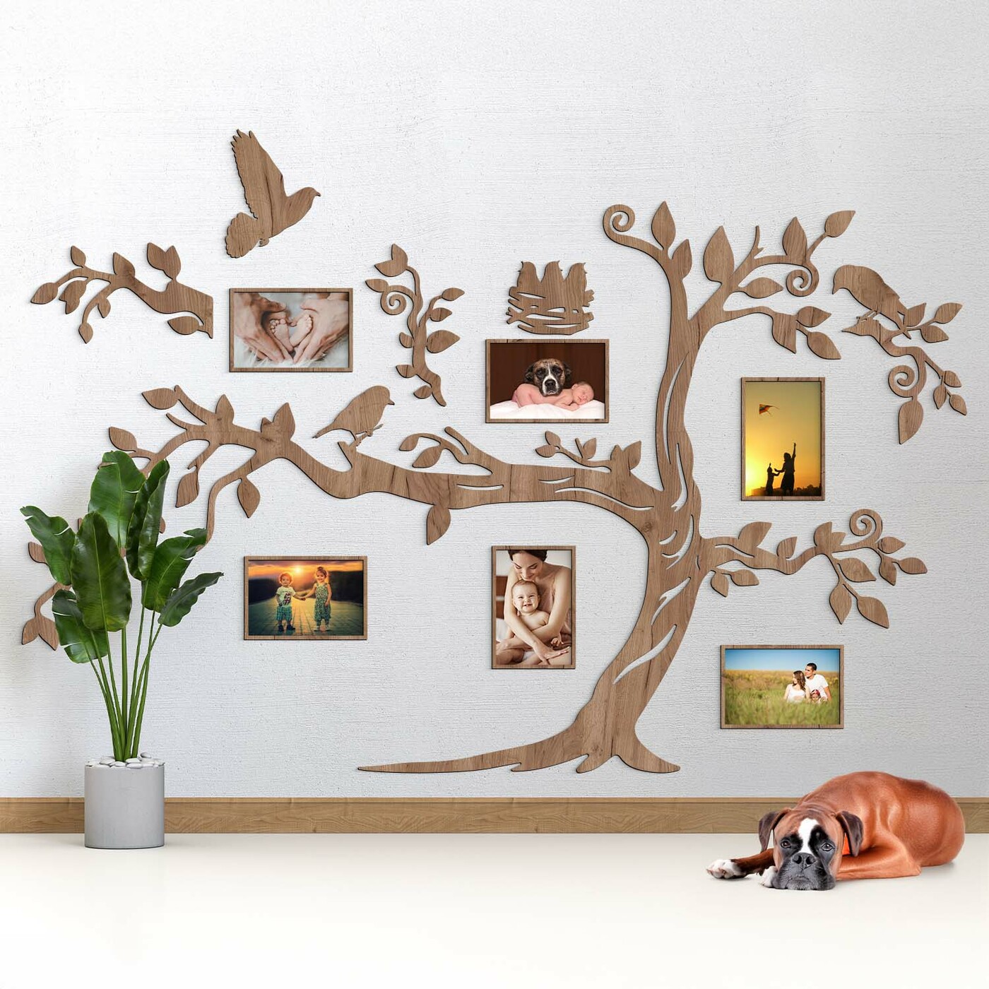Wooden Family Tree on the Wall - Birds | Tobacco Oak
