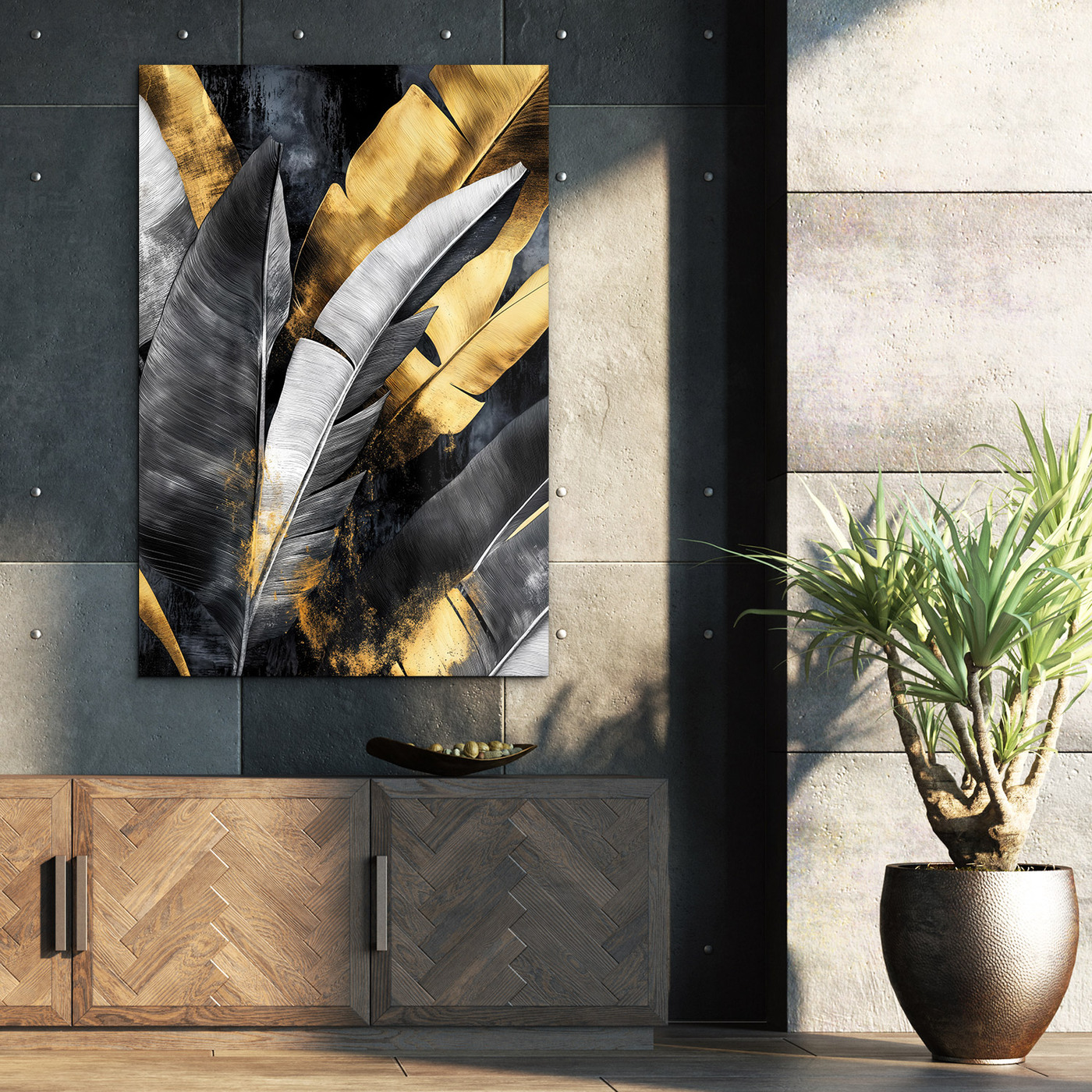 Modern picture - Golden tropical leaves
