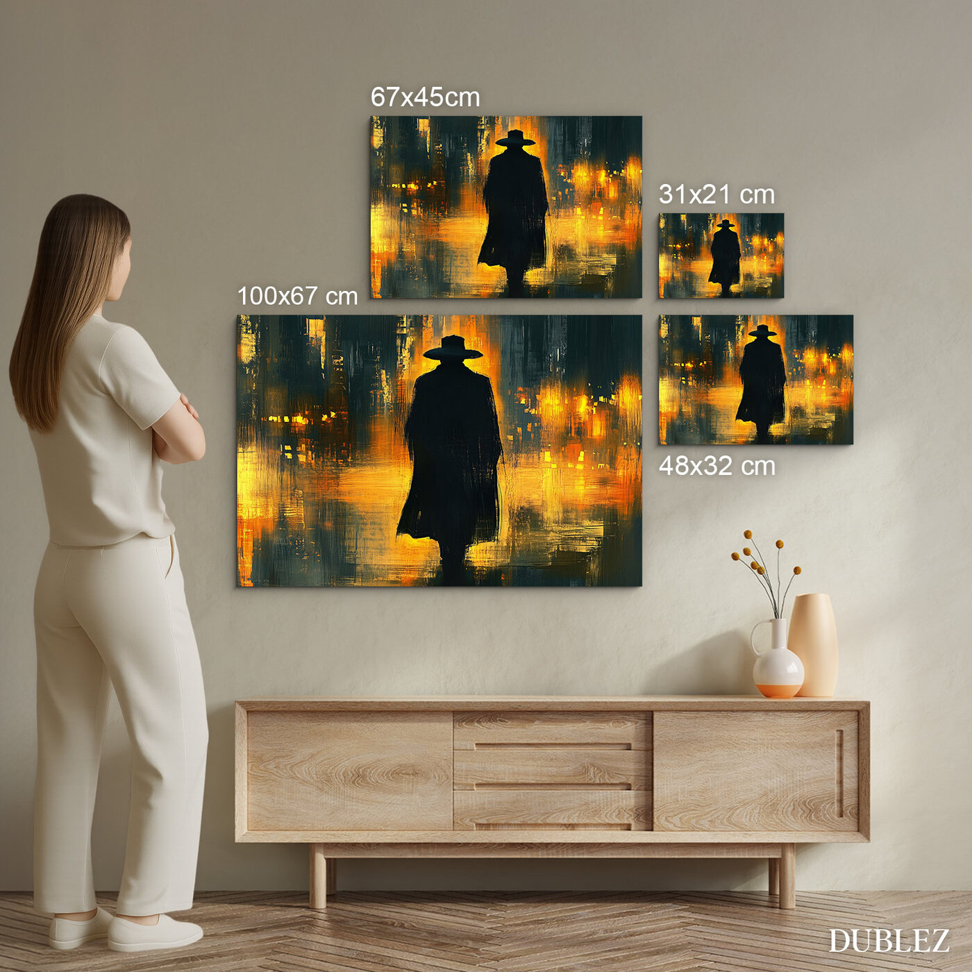 Drevený obraz do interiéru - Muž v nočnom meste