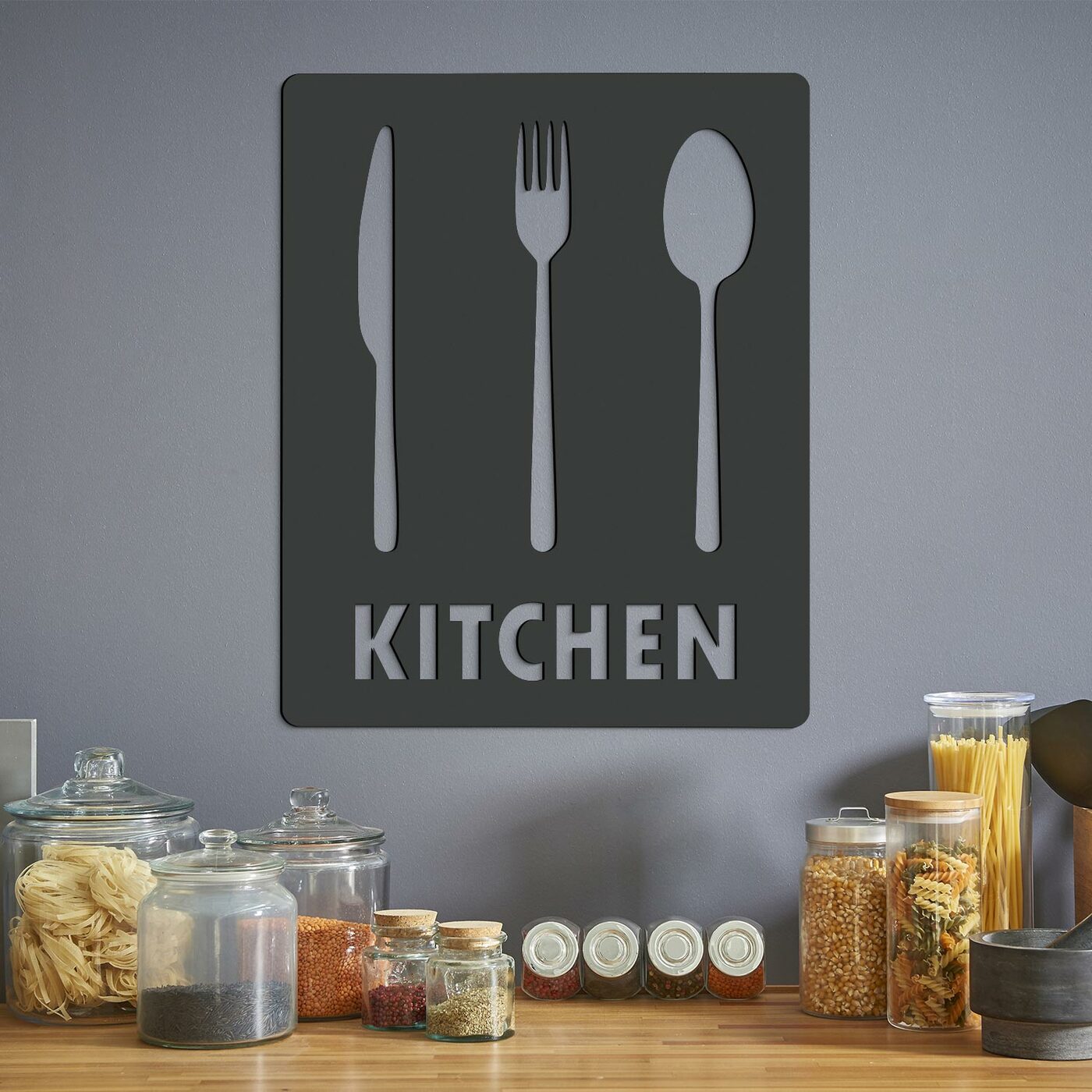 Wooden Kitchen Wall Art - Cutlery | Anthracite Gray