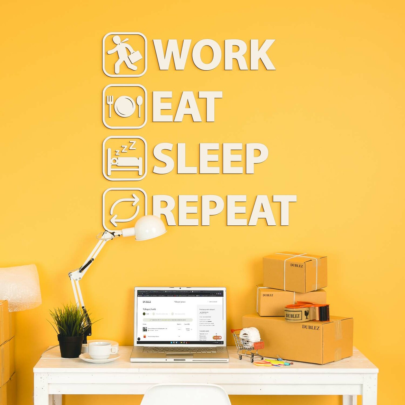 Drevená nálepka - Work Eat Sleep Repeat | Biela