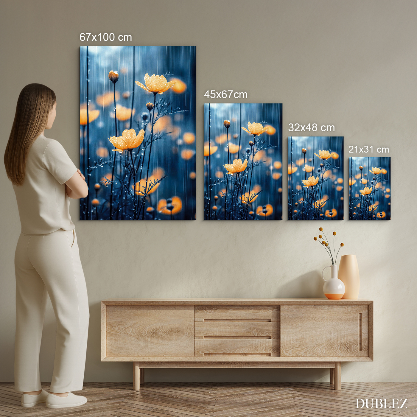 Dřevěný obraz - Žluté květy v dešti