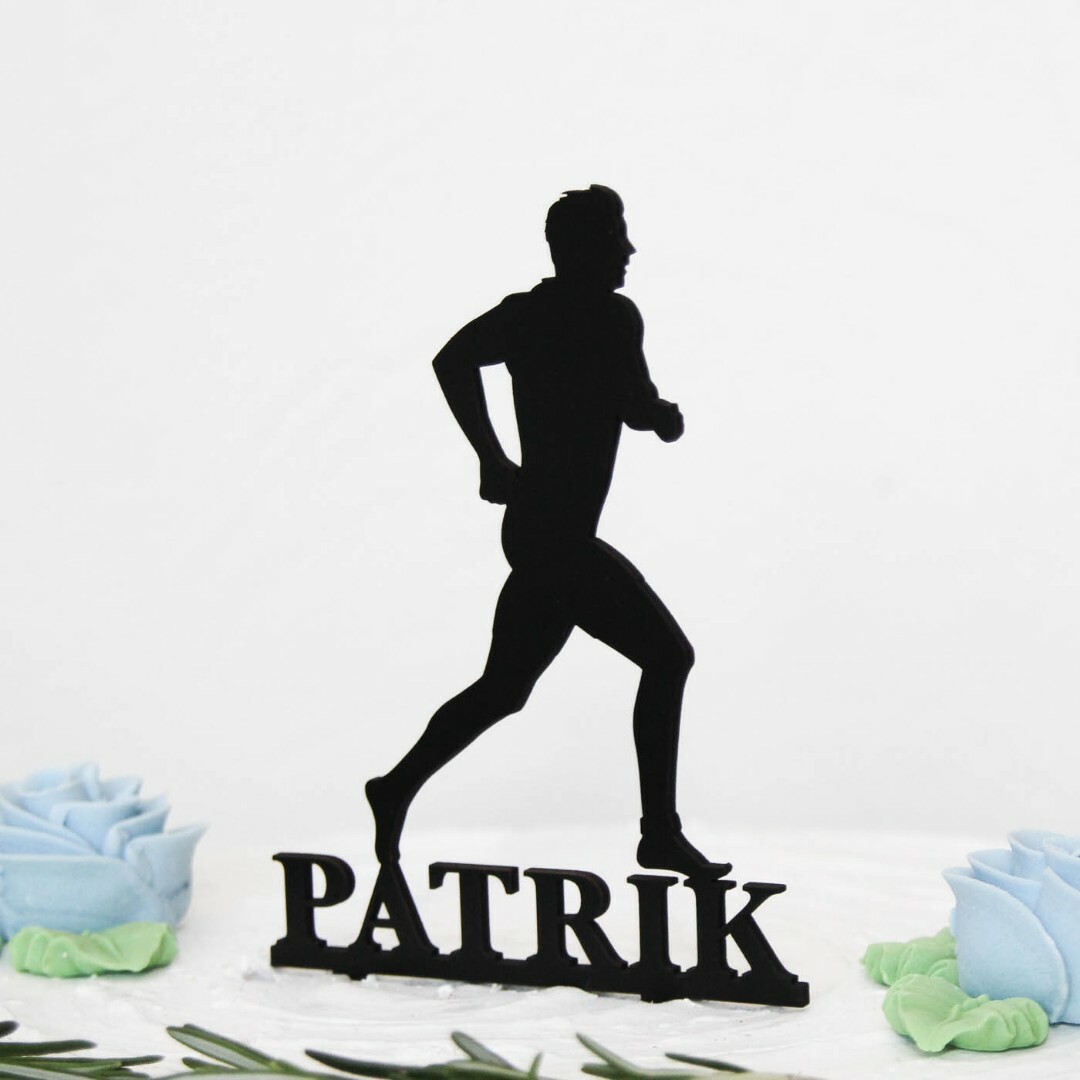 Drevený zápich na tortu s menom - Bežec muž | Čierna