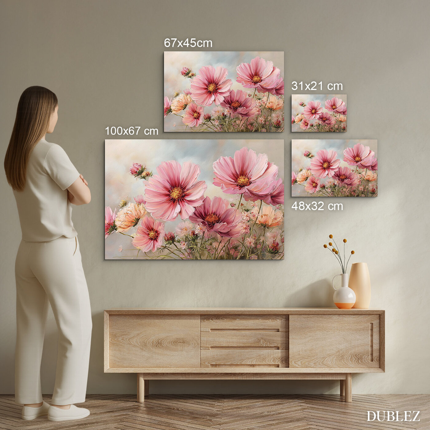 Tablou din lemn pentru living - Flori roz de mari dimensiuni