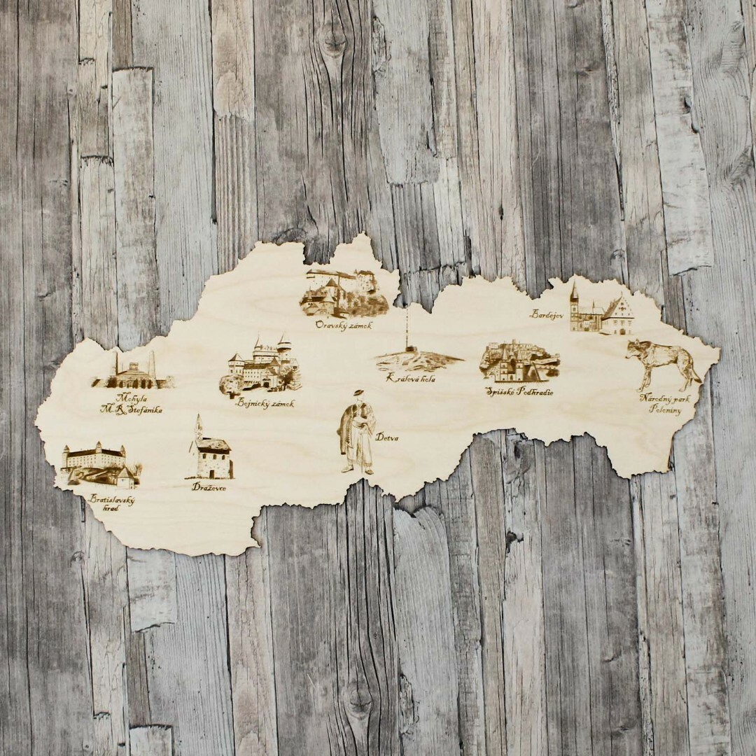 Drevená gravírovaná mapa Slovenska - Kultúrno-prírodné pamiatky