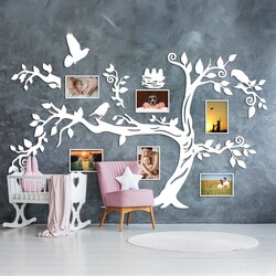 Wooden Family Tree on the Wall - Birds | White
