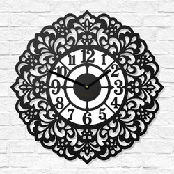 Wooden clock with mandala - Flower of Time | Black