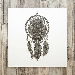 Engraved Wall Art - Dream Catcher Owl | White