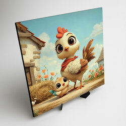 Drevený obraz farmy - Sliepka s kuriatkom