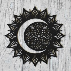 Wooden Mandala on the Wall - Sun and Moon | Black