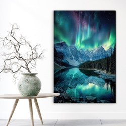 Dřevěný obraz hor - Polární záře