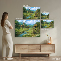 Dřevěný obraz krajinky - Vesnice s mlýnem