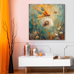 Farebný drevený obraz - Vážka na púpave