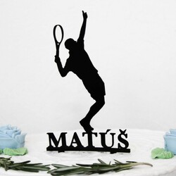 Drevený zápich na tortu s menom - Tenista | Čierna