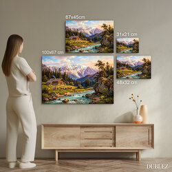 Drevený obraz - Alpská krajina s chalupou