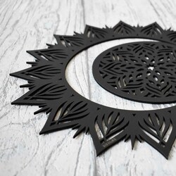 Wooden Mandala on the Wall - Sun and Moon | Black