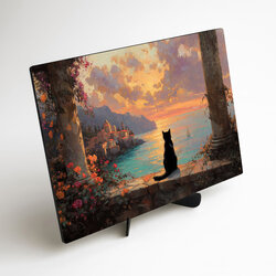 Štýlový obraz na dreve - Mačka pri mori